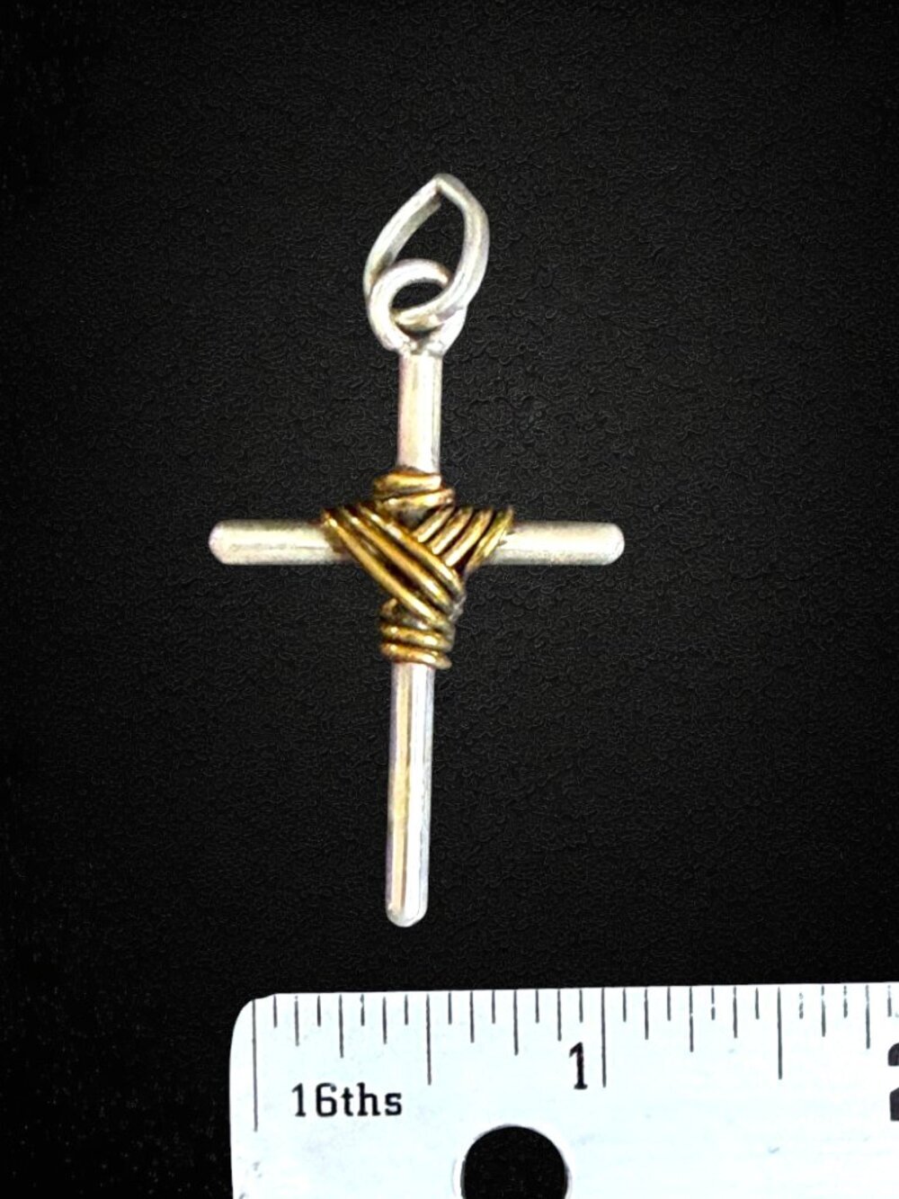 925 Sterling Silver Cross Pendant Brass Wire Wrapped Mixed Metal Artisan 8.5g